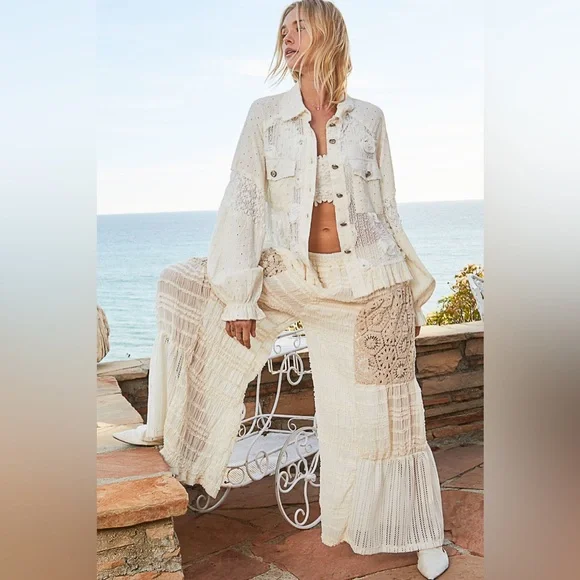 341. POL RESTOCK Shacket Jacket Top Cream Lace Woven Balloon Sleeve Front Pocket - Picture 8 of 9